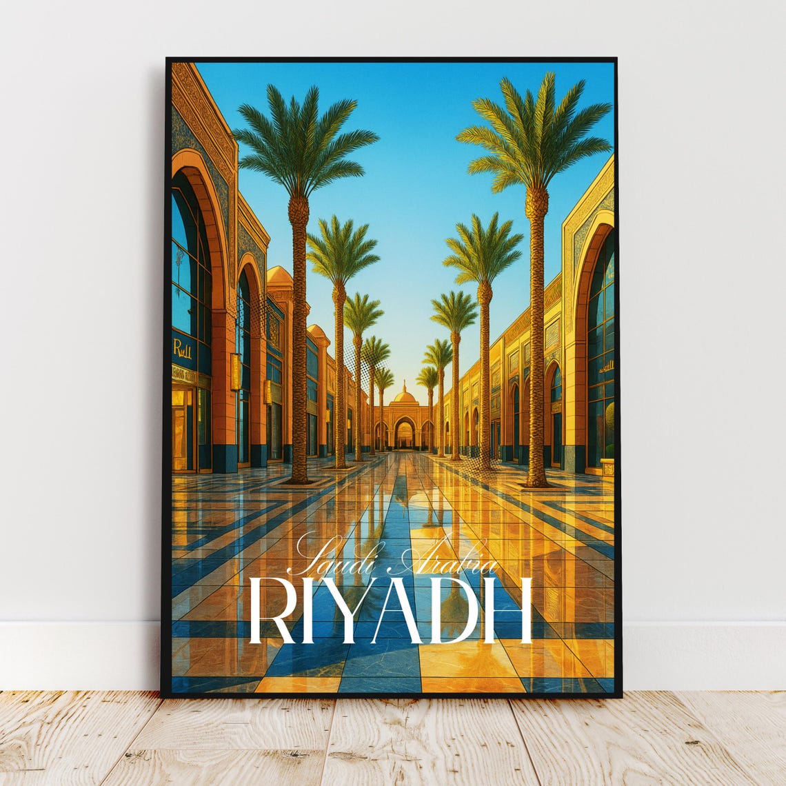 Golden Riyadh Saudi Arabia Palm Boulevard Vintage Travel Poster