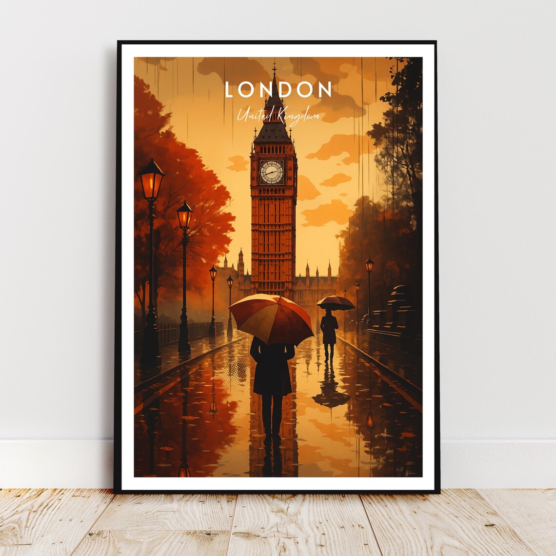 London Big Ben Rainy Street Umbrella Autumn Glow Travel Poster
