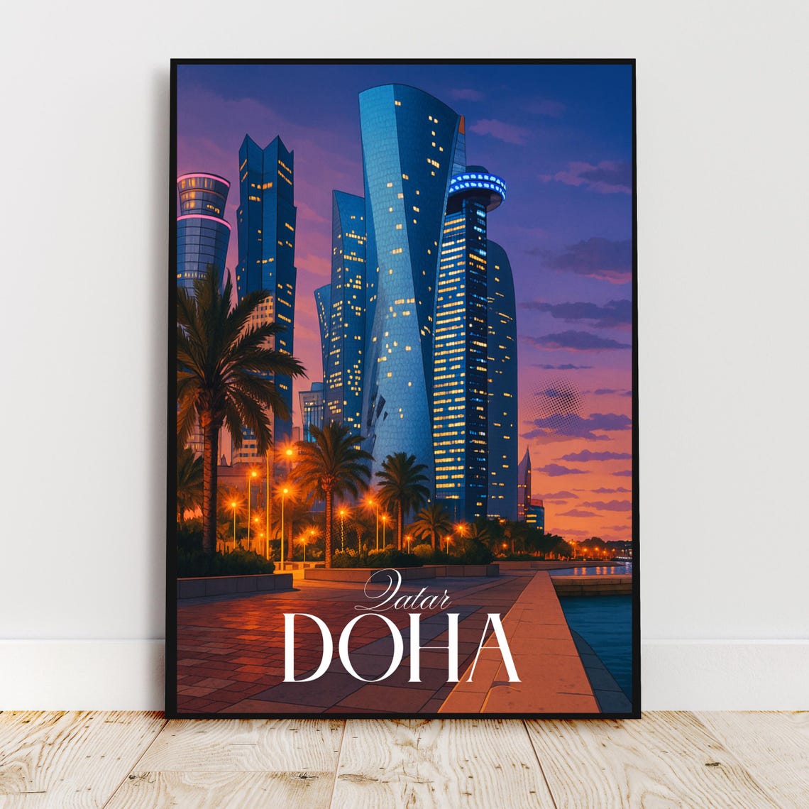 Doha Qatar Night Skyline Corniche West Bay Purple Dusk Travel Poster