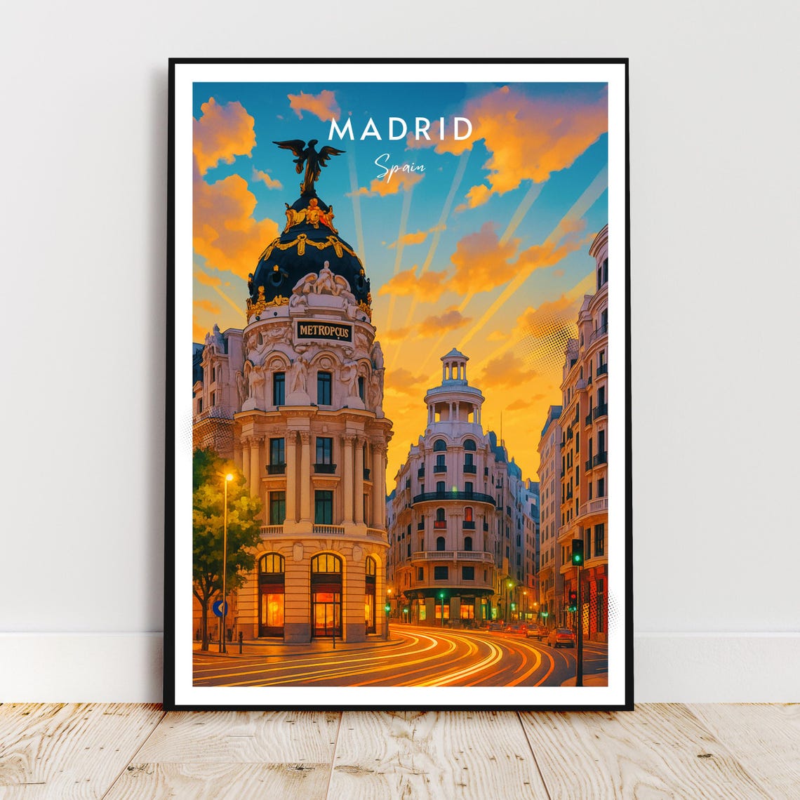Madrid Spain Metropolis Building Gran Via Sunset City Travel Poster