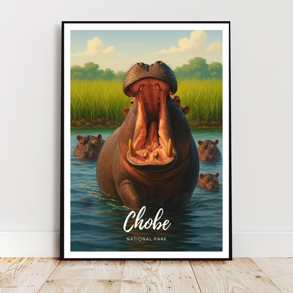 Yawning Hippo at Chobe National Park Wildlife Photo Travel Poster