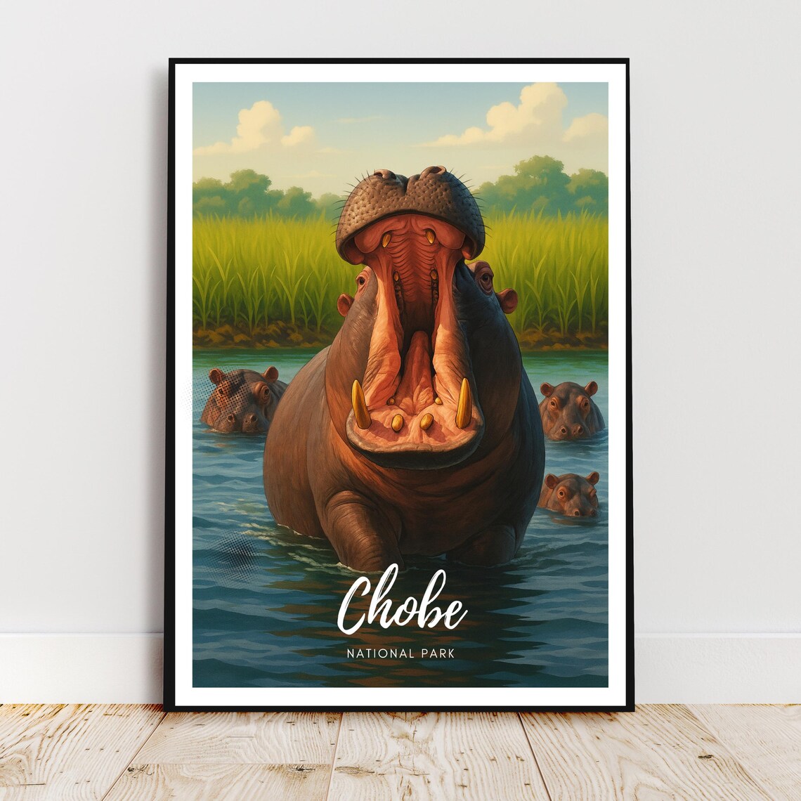 Yawning Hippo at Chobe National Park Wildlife Photo Travel Poster