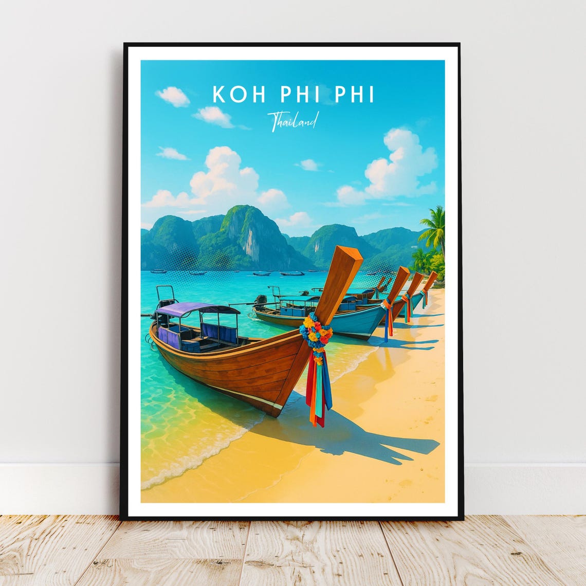 Koh Phi Phi Thailand Longtail Boats Tropical Beach Travel Poster