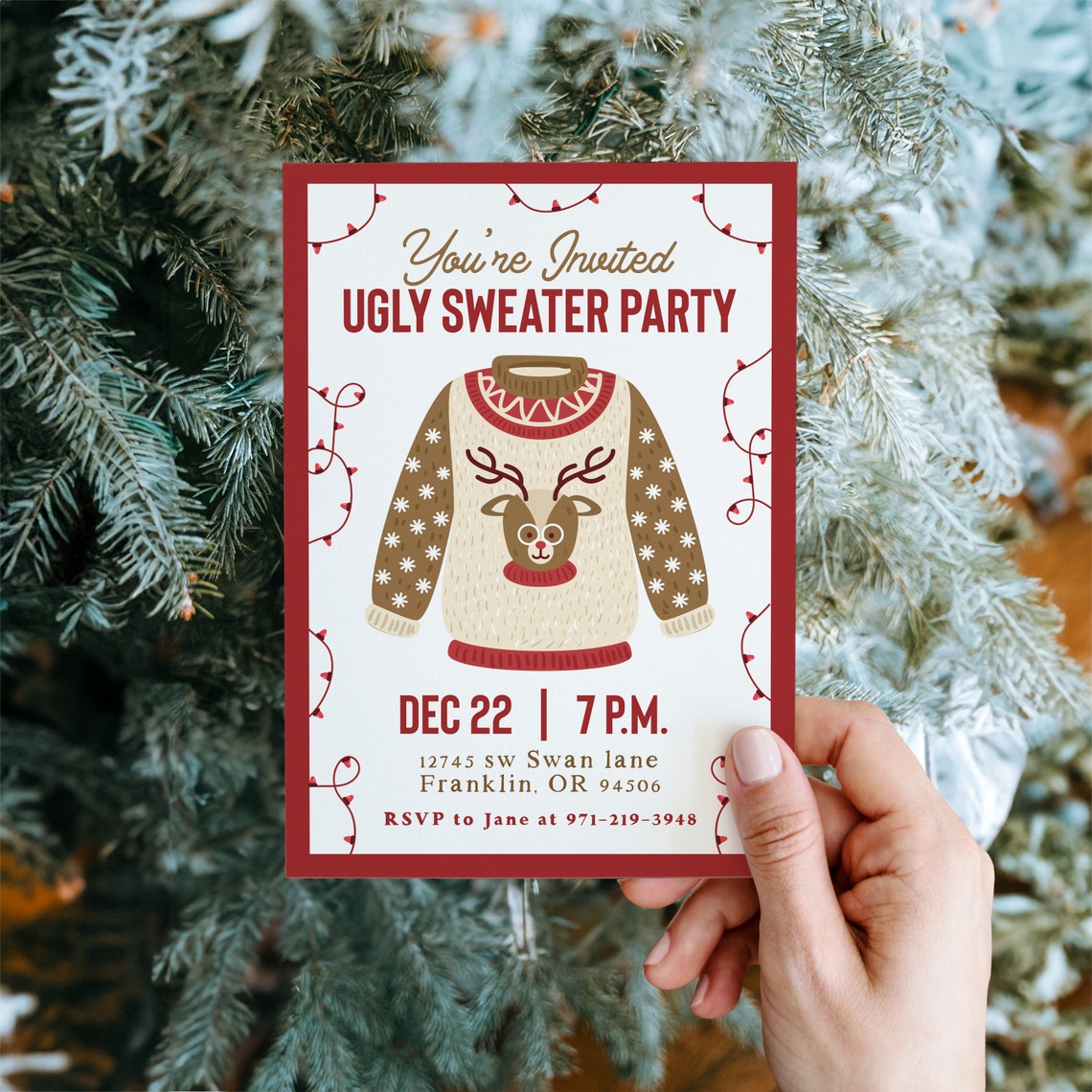 Ugly Sweater Party Reindeer Red Christmas Invitation Template Print - Image 2