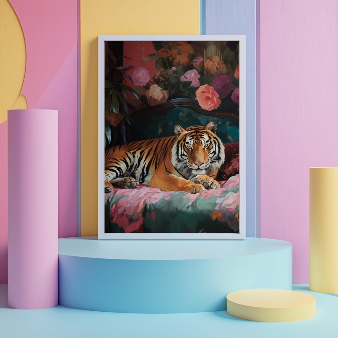 Tiger Lounging on a Floral Pink Sofa Romantic Oil Painting Poster - Image 2
