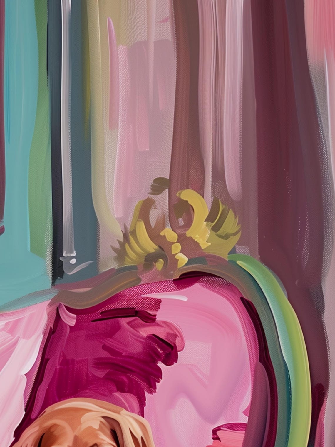 Golden Retriever Resting on a Pink Velvet Armchair Portrait Poster - Image 2