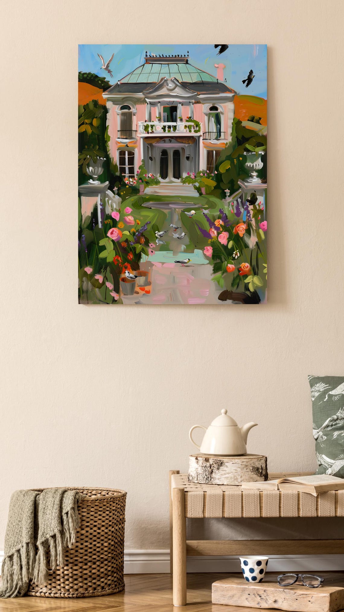 Pink French Chateau With a Blooming Garden and Birds Art Poster - Image 3