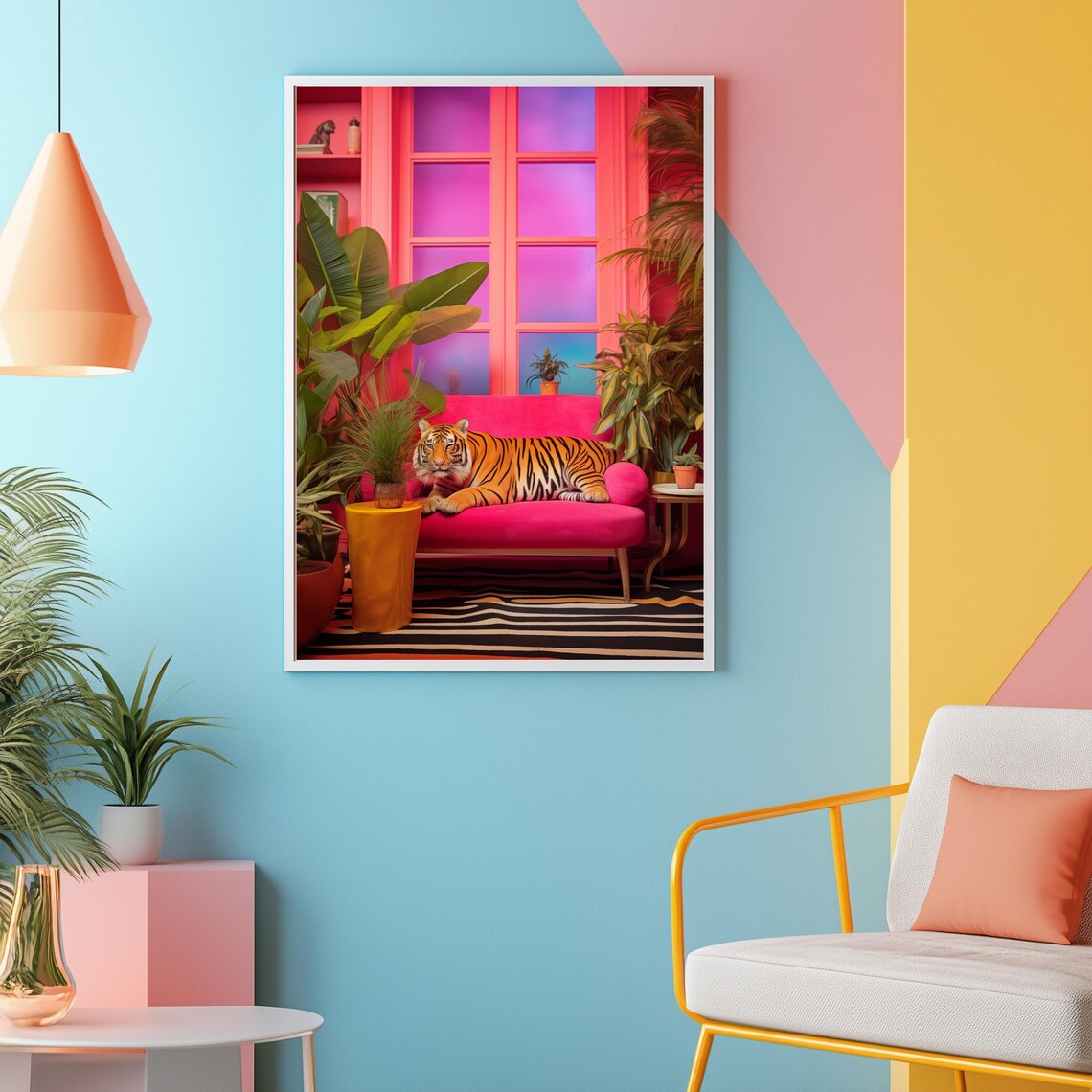 Tiger Lounging On Pink Sofa Maximalist Living Room Art Poster - Image 3