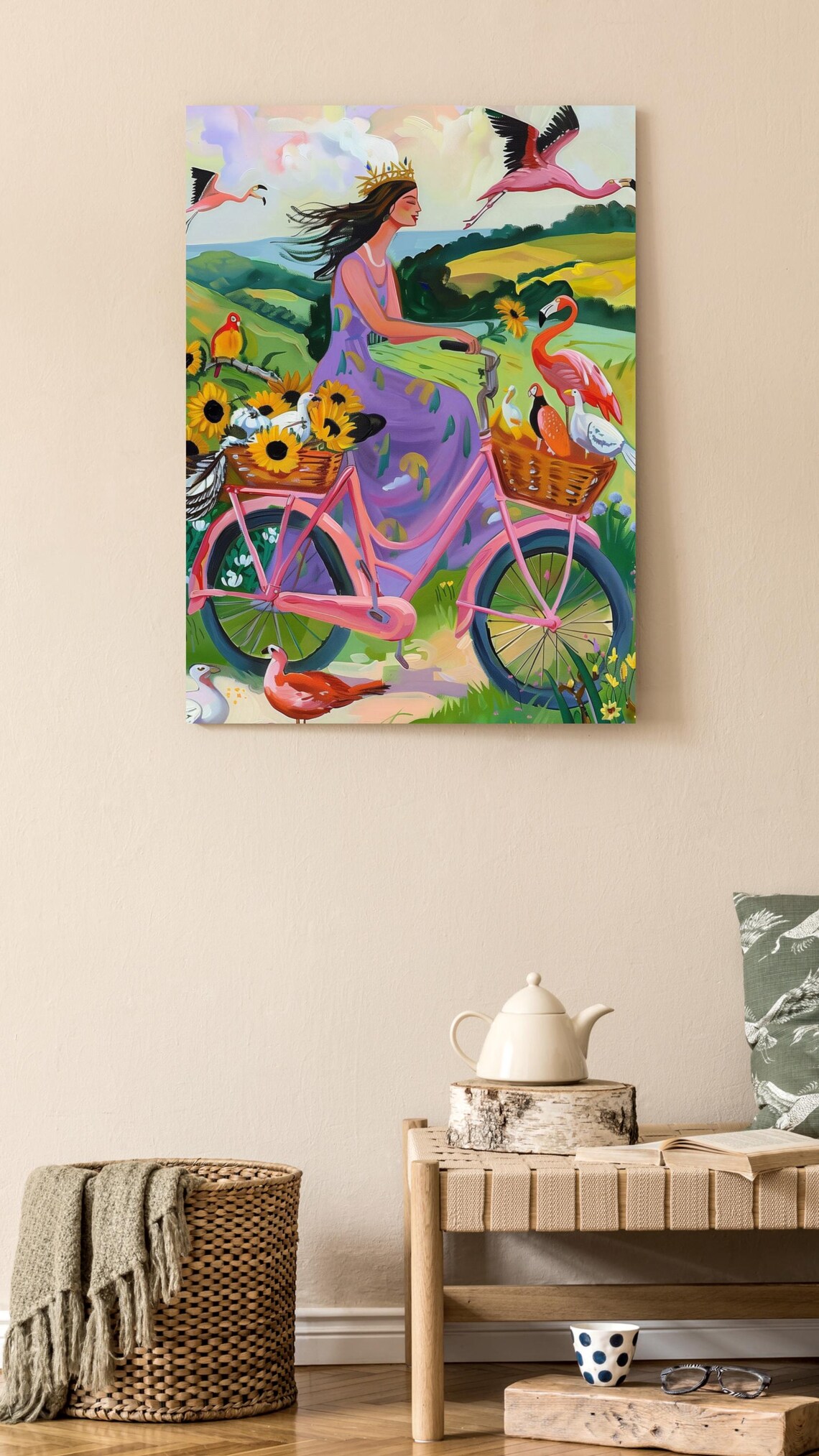 Crowned Woman Riding a Pink Bicycle Past Flamingos and Birds Poster - Image 2