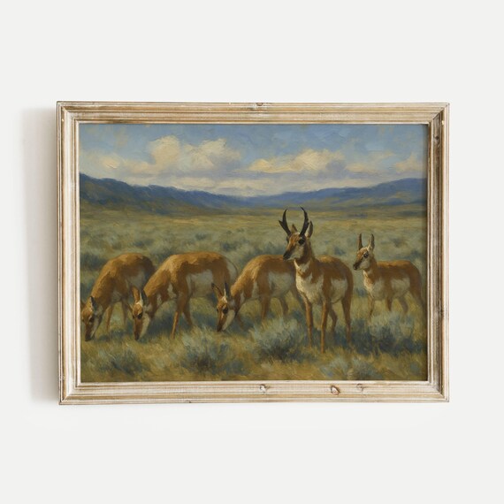 Pronghorn Antelope Grazing In Sagebrush Oil Painting Print Vintage Nature Wall Art Home Office Living Room Decor