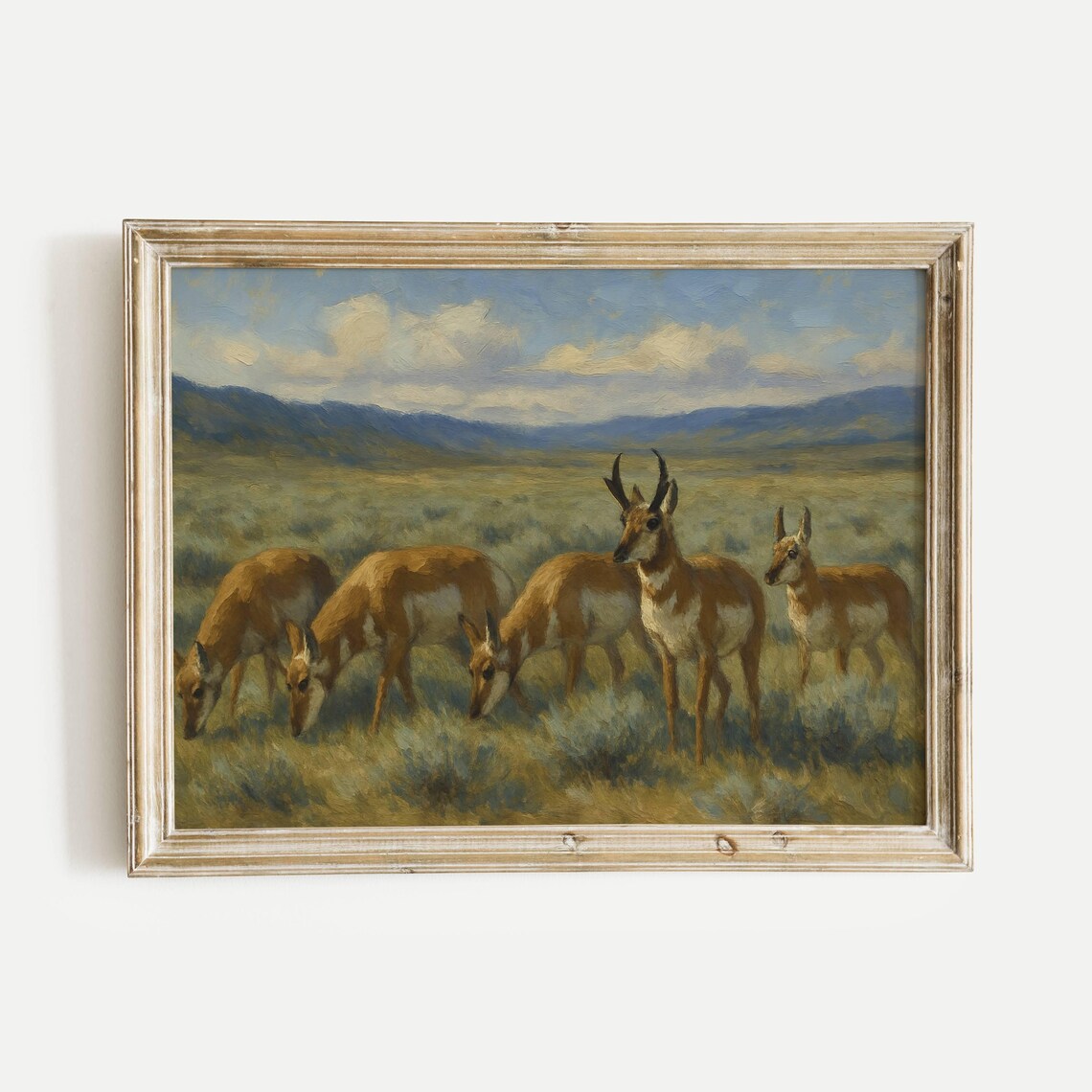 Pronghorn Antelope Grazing In Sagebrush Prairie Vintage Oil Poster