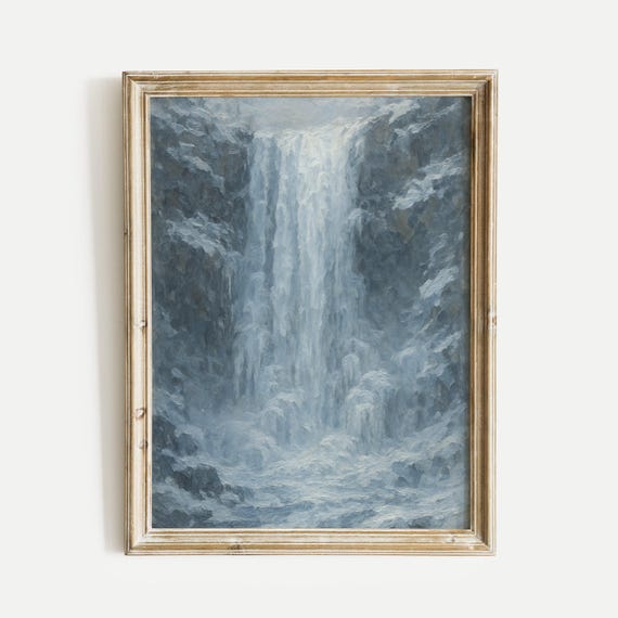 Frozen Ice Waterfall Oil Painting Print Nature Vintage Wall Art Home And Office Living Room Bedroom Decor