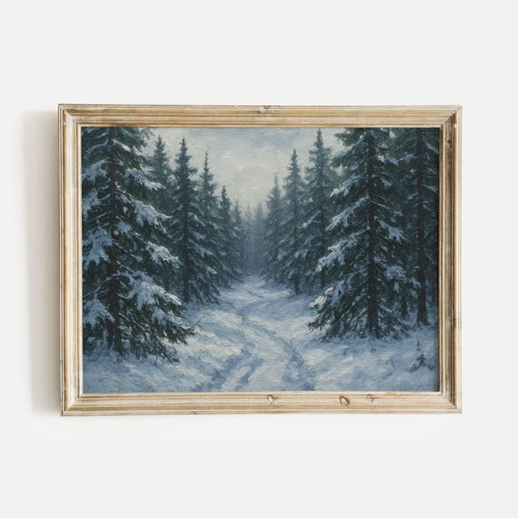 Evergreen Forest In Winter Snow Oil Painting Print Vintage Nature Wall Art Home Office Living Room Bedroom Decor