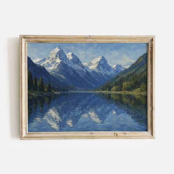 Mountains Reflected Lake Oil Painting Print Nature Vintage Wall Art Home Office Living Room Bedroom Decor