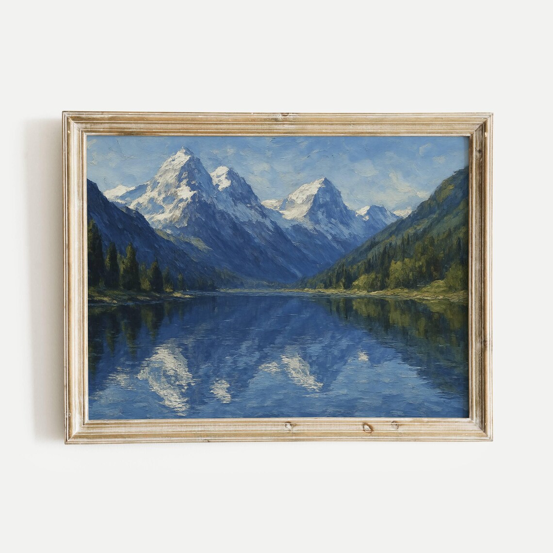 Snowy Mountain Peak Lake Reflection Alpine Oil Painting Poster