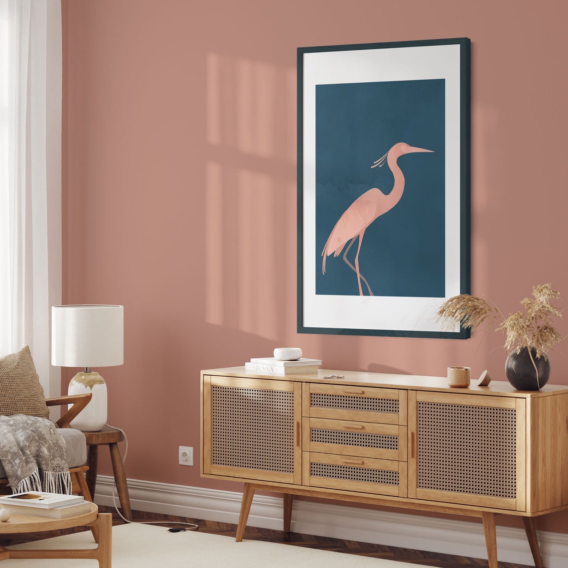 Coral Heron Silhouette On Navy Blue Minimalist Zen Bird Poster - Image 3