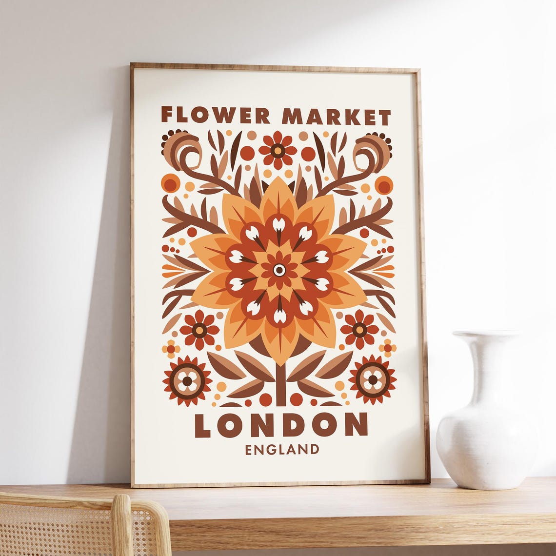 Flower Market London England Fall Folk Botanical Orange Art Poster