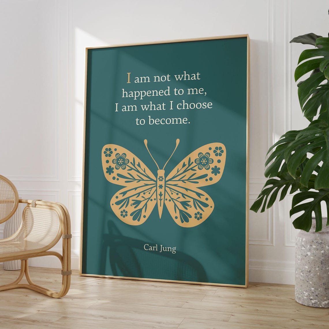 Carl Jung Become Quote Gold Butterfly Teal Therapy Office Art Poster - Image 4