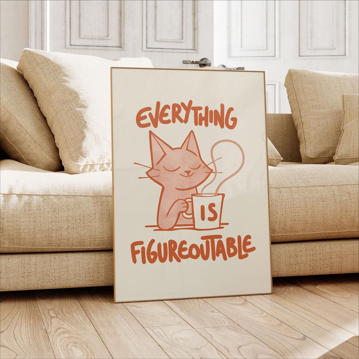 Everything Is Figureoutable Cute Cat Coffee Funny Animal Art Poster - Image 3
