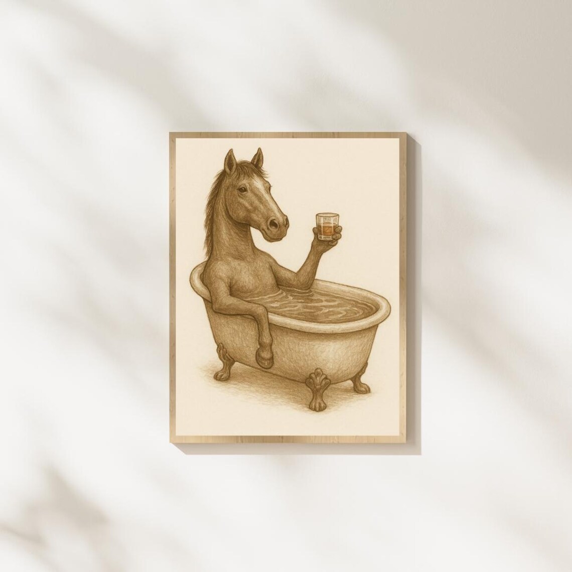 Funny Horse in Bathtub Whiskey Glass Sepia Sketch Humor Art Poster