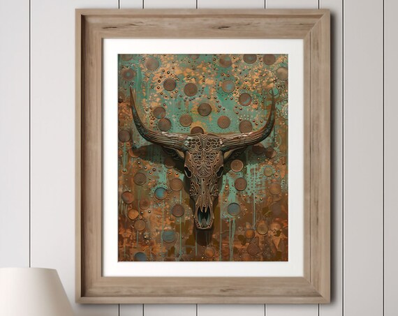 Longhorn Skull Patina Art Print, Rustic Western Decor