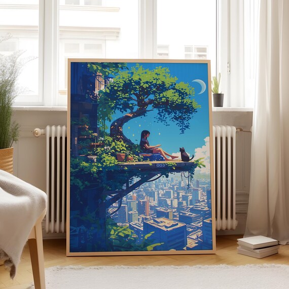 Anime Girl Cat Rooftop Garden City Skyline Crescent Moon Art Poster