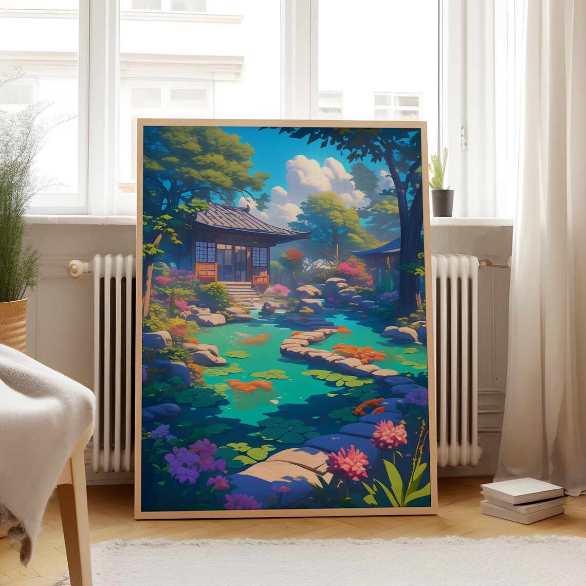 Japanese Garden Koi Pond With Temple Hall Anime Scene Poster
