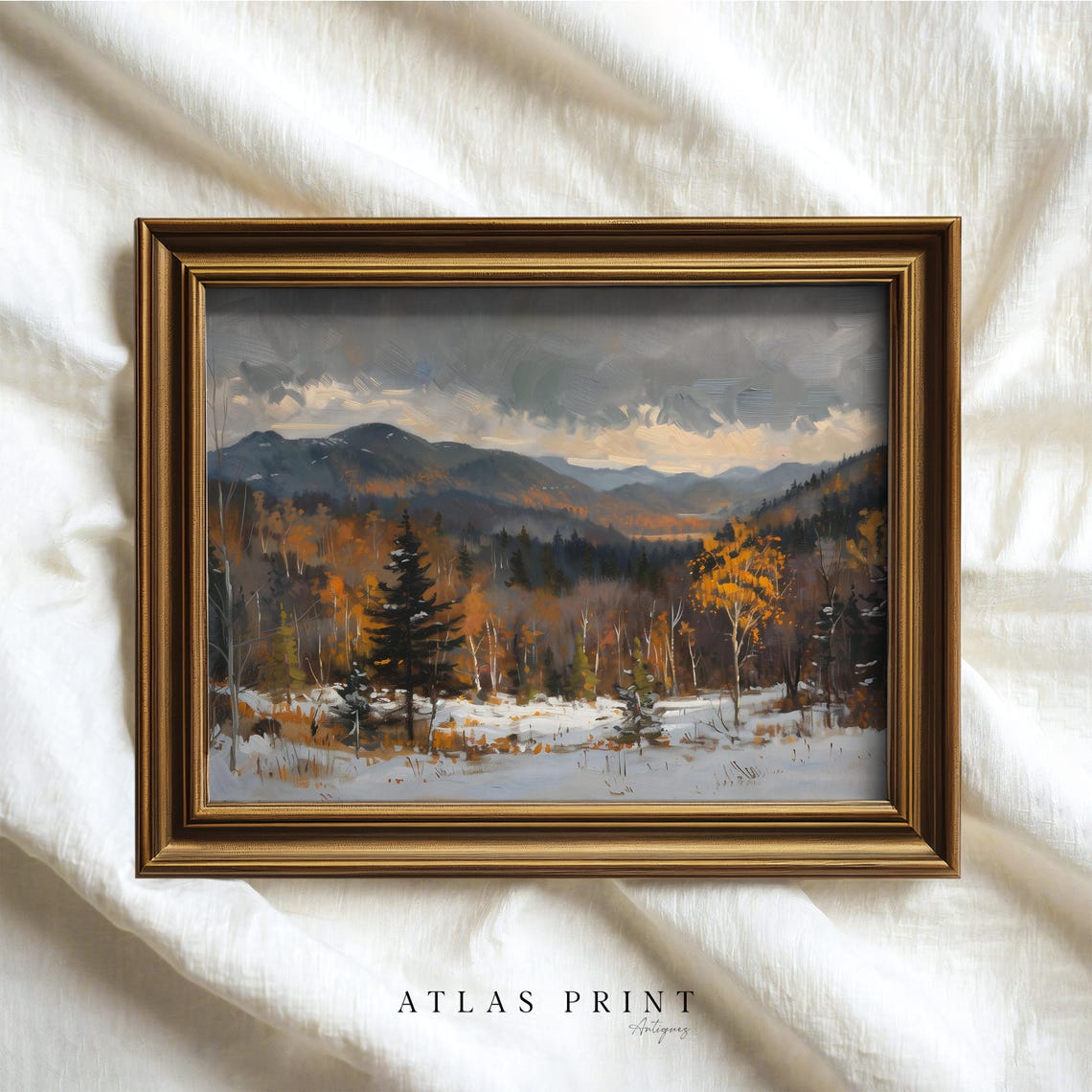 Antique Autumn Mountain Valley Snowfall Landscape Painting Wall Art - Image 4
