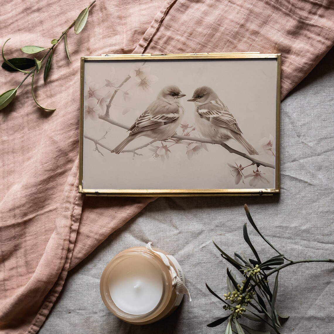 Vintage Lovebird Sketch Pair on Blossom Branch Sepia Wall Poster - Image 4