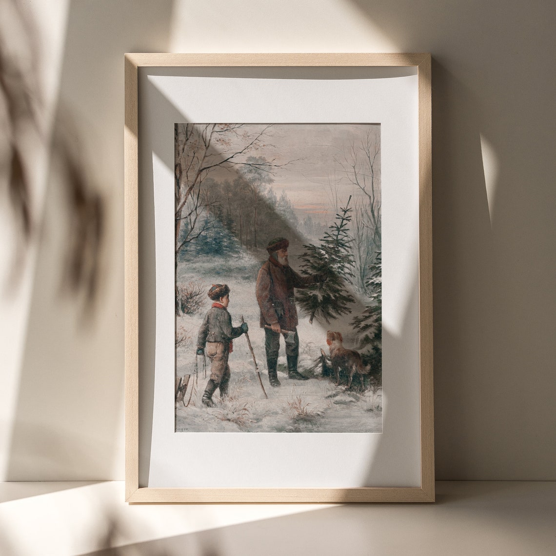 Vintage Winter Forest Painting Man Boy Cutting Christmas Tree Poster - Image 2