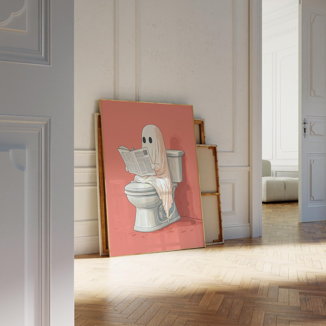 Cute Ghost On Toilet Halloween Print Trendy Spooky Pink Decor Funny Halloween Bathroom Wall Art - Image 3