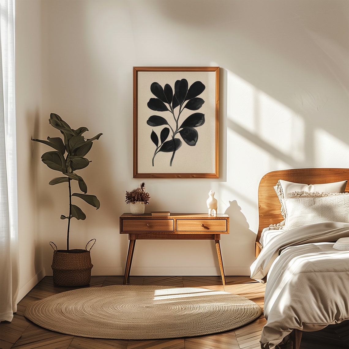 Minimalist Black Botanical Leaf Branch Beige Scandinavian Wall Art - Image 2