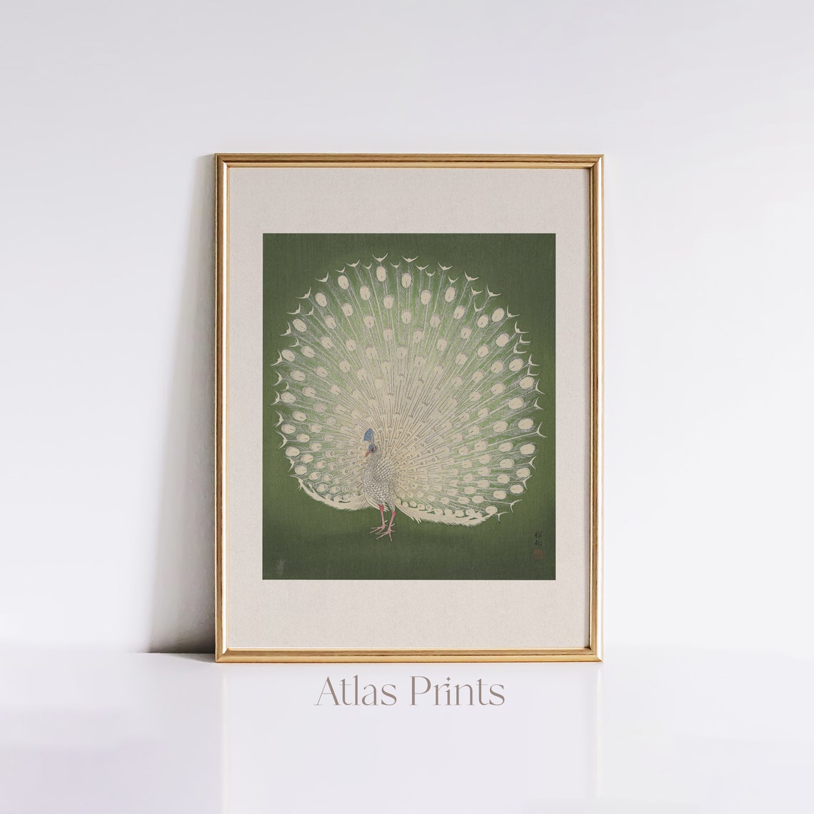 White Peacock Japanese Woodblock Green Vintage Bird Wall Art
