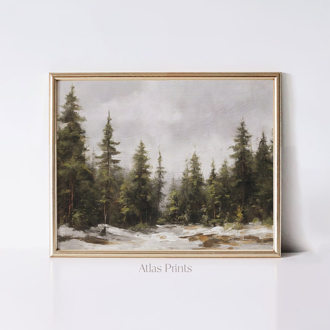 Calm Misty Pine Forest Winter Snowfall Muted Landscape Wall Art