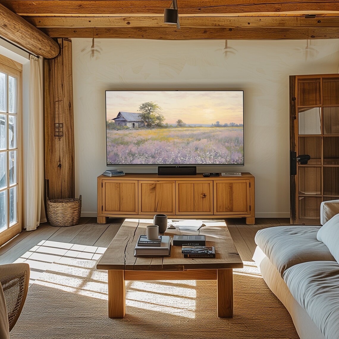 Rustic Barn Beside Tree In Lavender Wildflower Meadow Sunset Painting Poster - Image 3