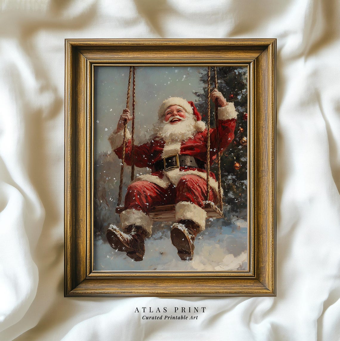 Santa Claus On A Swing In Snowy Night Vintage Christmas Joy Poster