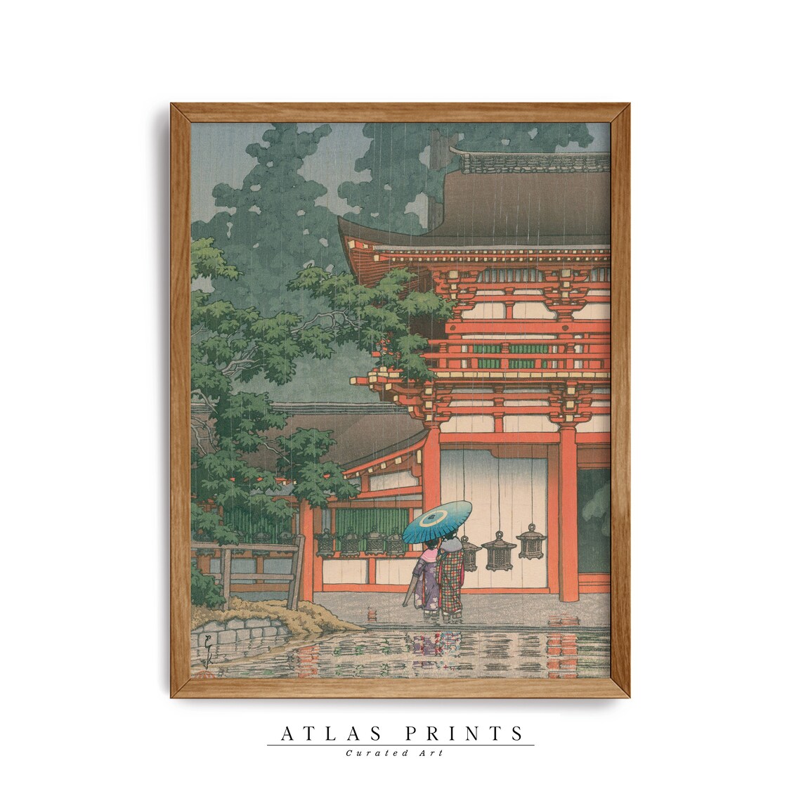 Kawase Hasui Red Temple Rain Umbrella Japanese Woodblock Wall Art