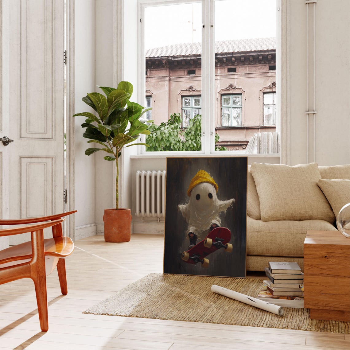 Cute Ghost Riding Red Skateboard With Yellow Beanie Halloween Poster - Image 4