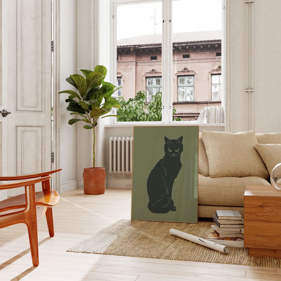 Minimalist Black Cat Silhouette On Sage Green Modern Illustration Poster - Image 3