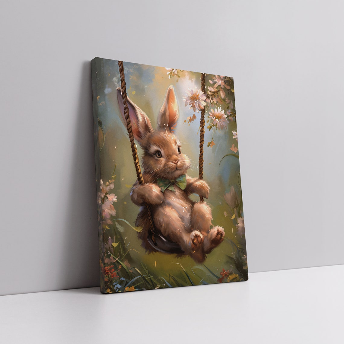 Cute Bunny On A Rope Swing In A Spring Blossom Garden Poster - Image 4