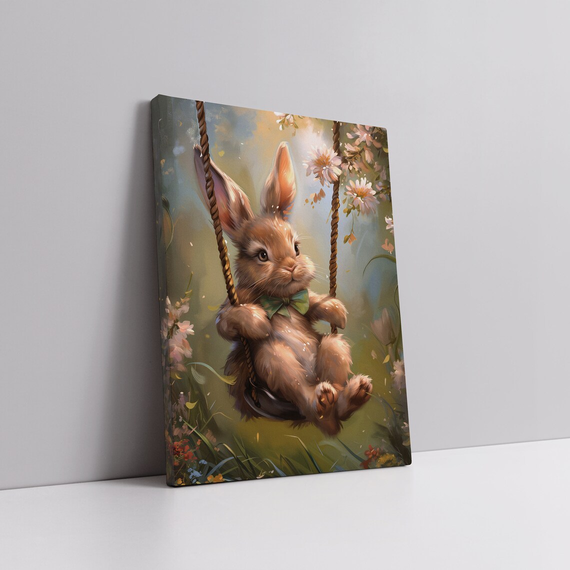 Vintage Cute Swinging Easter Bunny Print Spring Rabbit Wall Art Nursery Dcor Kids Room Dcor Antique Bunny Painting - Image 4