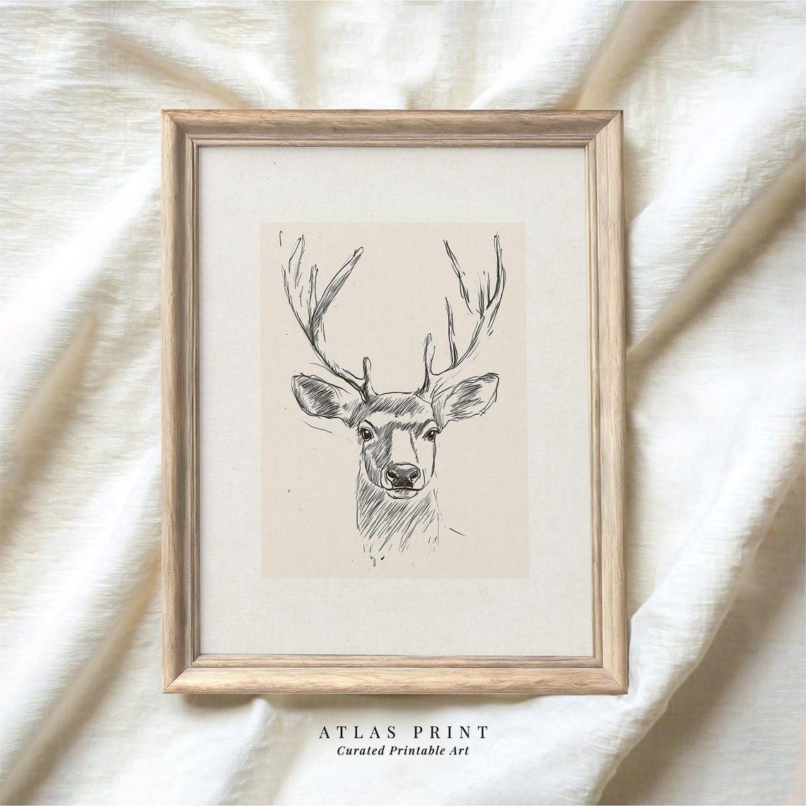 Deer Head Pencil Sketch Minimalist Stag Line Drawing Wall Art