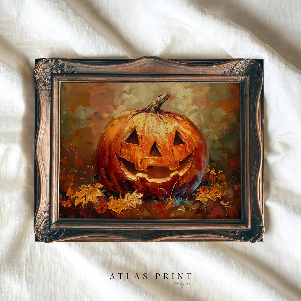 Smiling Jack O Lantern Oil Painting Autumn Leaves Halloween Poster - Image 4