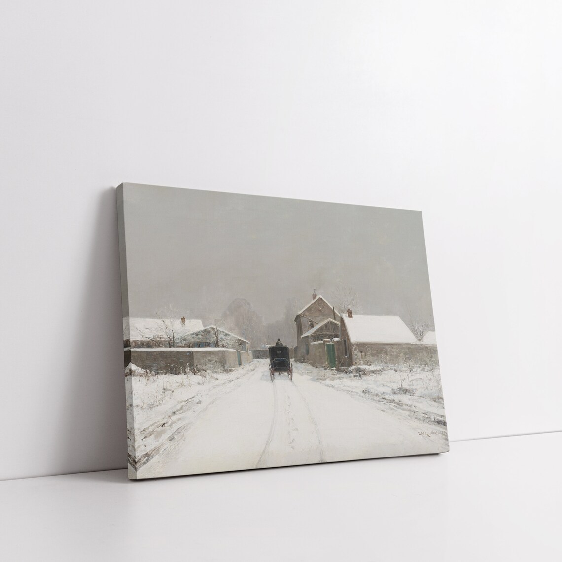 Vintage Snowy Village Street Winter Painting Horse Cart Grey Poster - Image 5