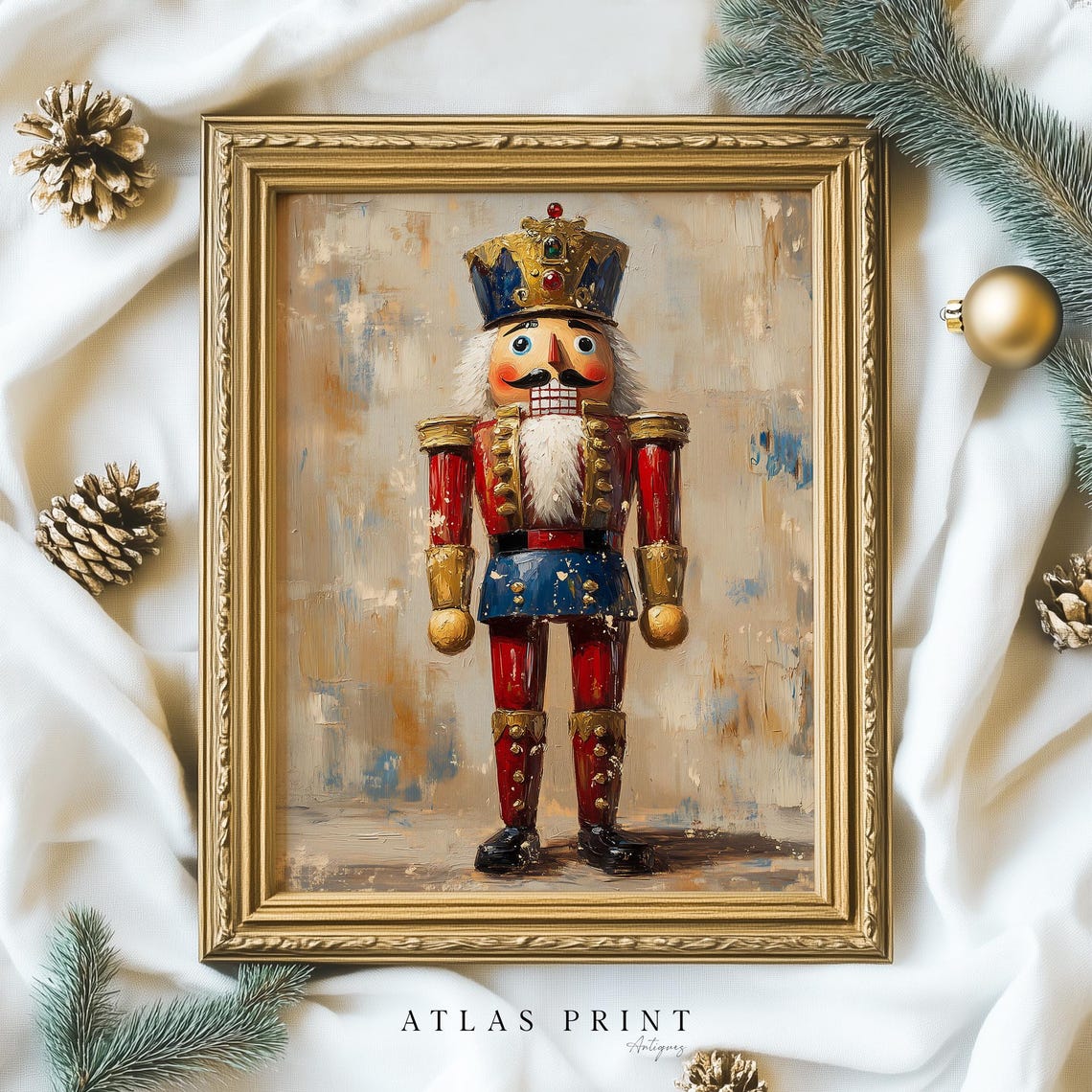 Vintage Nutcracker Soldier Red Blue Gold Christmas Painting Poster