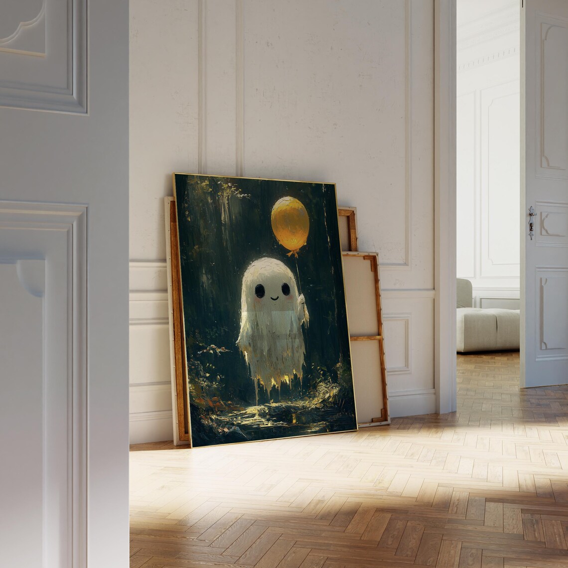 Sweet Ghost With Yellow Balloon In Dark Forest Vintage Halloween Art Poster - Image 3