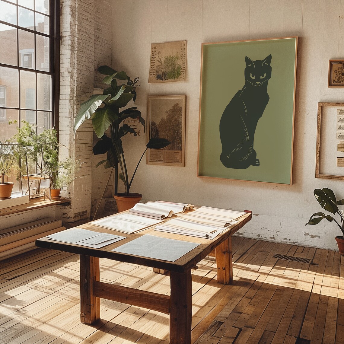 Minimalist Black Cat Silhouette On Sage Green Modern Illustration Poster - Image 4