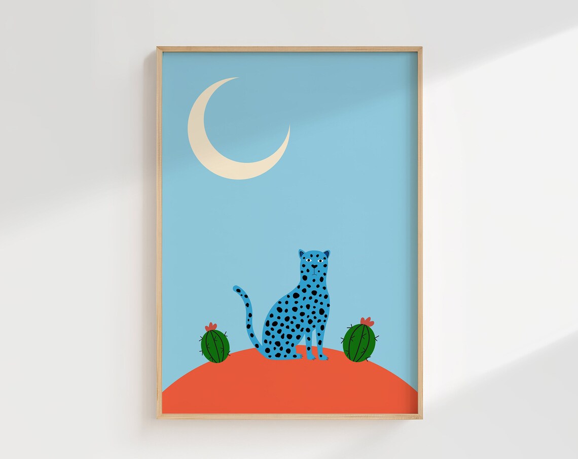 Blue Leopard Print Kids Room Poster, Retro Nursery Decor
