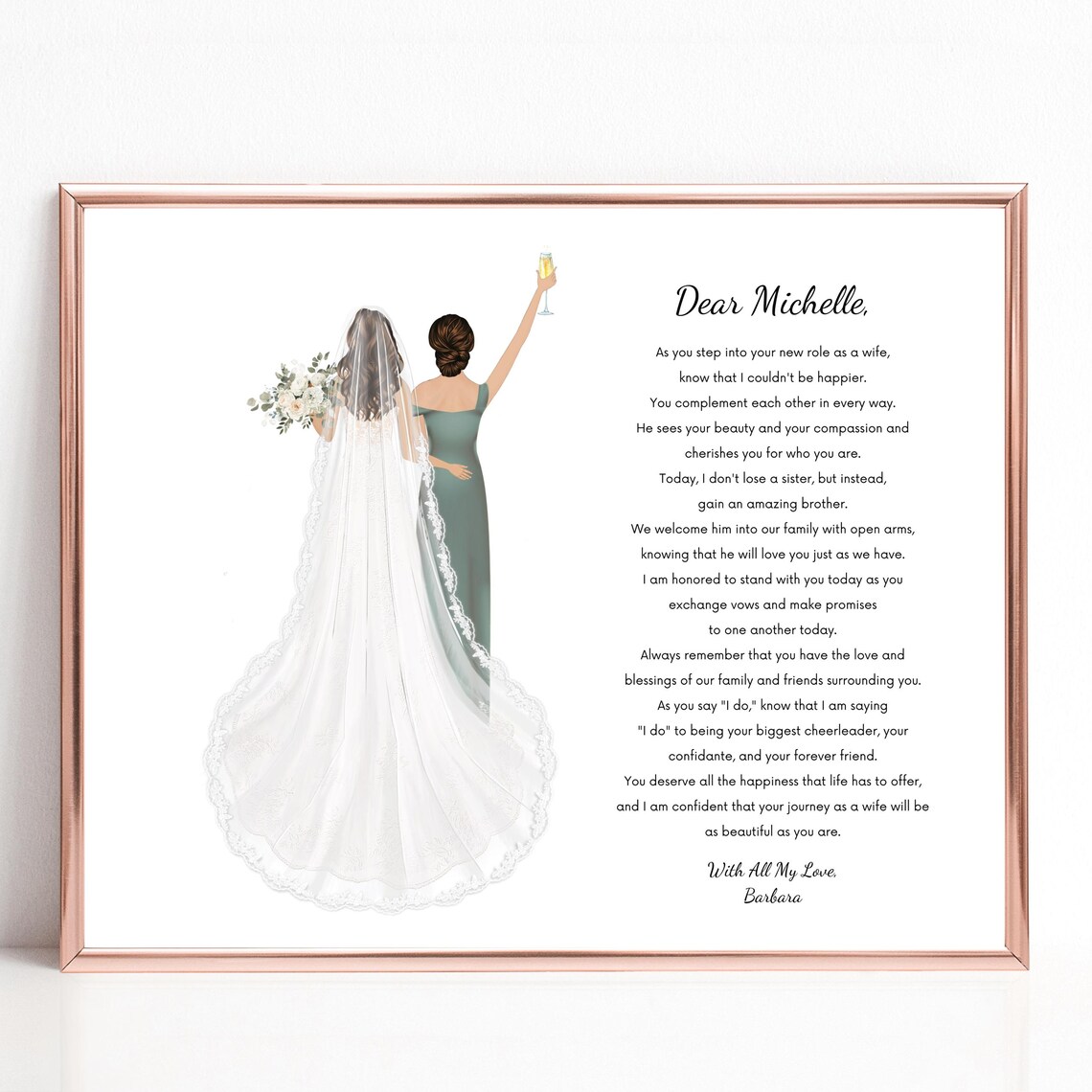 Bride And Sister Champagne Toast Dear Michelle Love Poem Poster