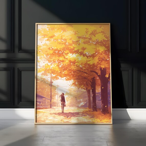 Lone Anime Girl on Autumn Road Under Blazing Orange Canopy Poster